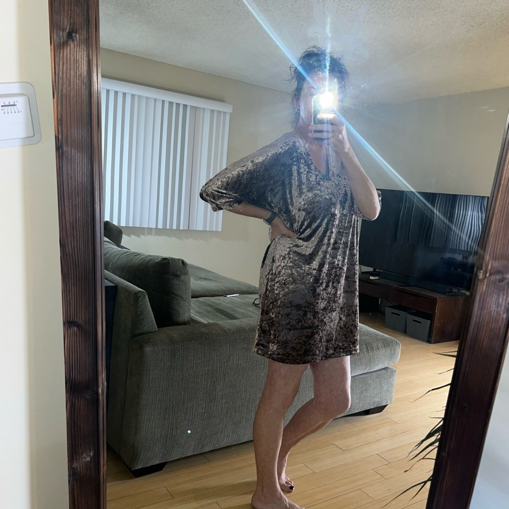 Ellison Bronze Velvet Dress Women’s Size Large V-neck 3/4 Sleeve Mini Sparkle - Picture 8 of 9